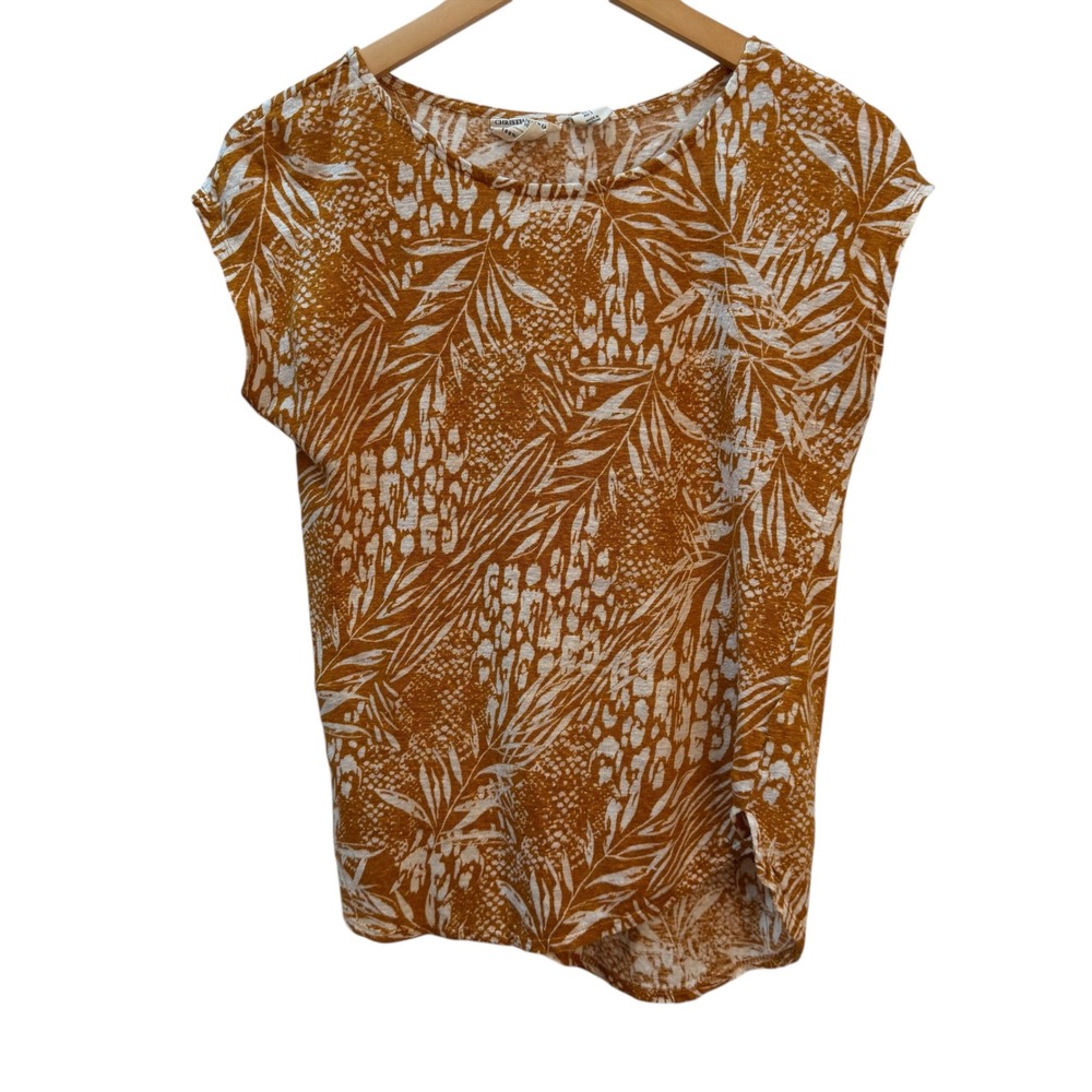 Christian Siriano New York‎ Womens 100% Linen Tropical Palm Cap Sleeve Top Small